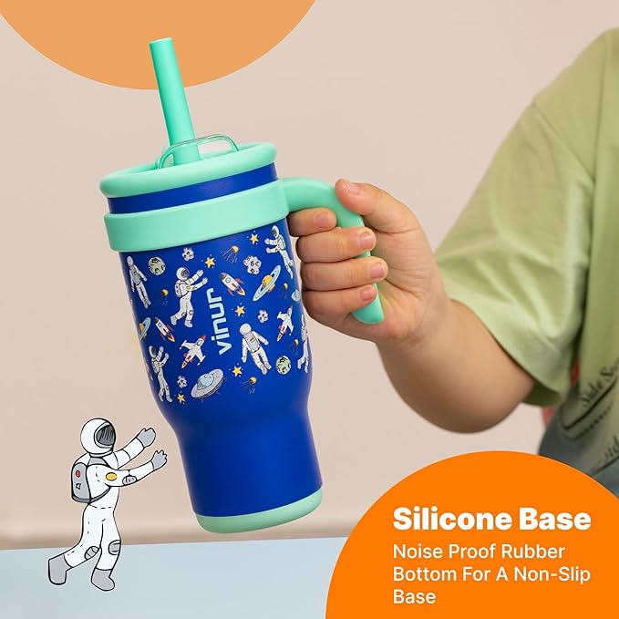 VINUR Kids Tumbler with Handle 14 oz Stainless Steel Double Wall Vacuum Insulated Tumbler with Lid and Straw, Leak Proof Water Cup for Travel (Astronaut) - Bloomnest