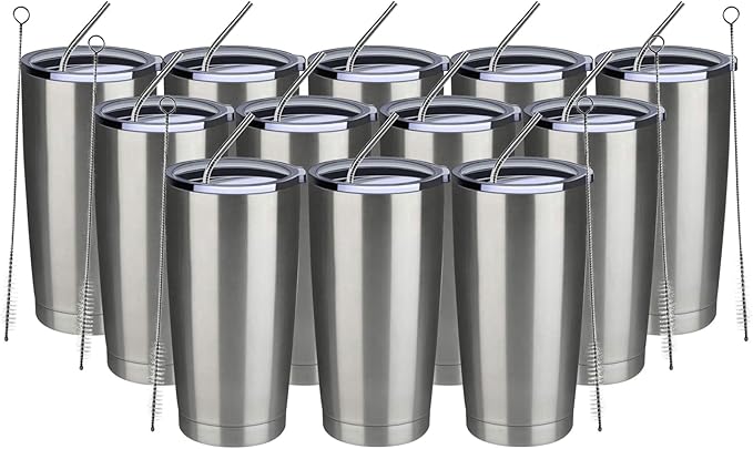 MEWAY 20oz Tumbler 12 Pack Double Wall Vacuum Insulated Travel Mug Bulk, Stainless Steel Tumblers with Lid and Straw, Durable Powder Coated Coffee Cups for Cold & Hot Drinks (Silver, 12) - Bloomnest