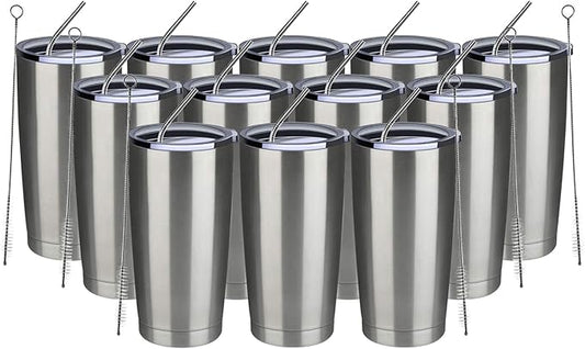 MEWAY 20oz Tumbler 12 Pack Double Wall Vacuum Insulated Travel Mug Bulk, Stainless Steel Tumblers with Lid and Straw, Durable Powder Coated Coffee Cups for Cold & Hot Drinks (Silver, 12) - Bloomnest