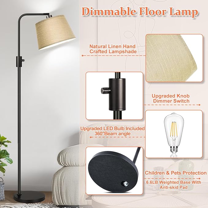 Nintiue Dimmable Floor Lamp, 1000 LM LED Edison Bulb Included, Arc Floor Lamps for Living Room Modern Standing Lamp Tall Lamps for Living Room Bedroom-Champagne - Bloomnest