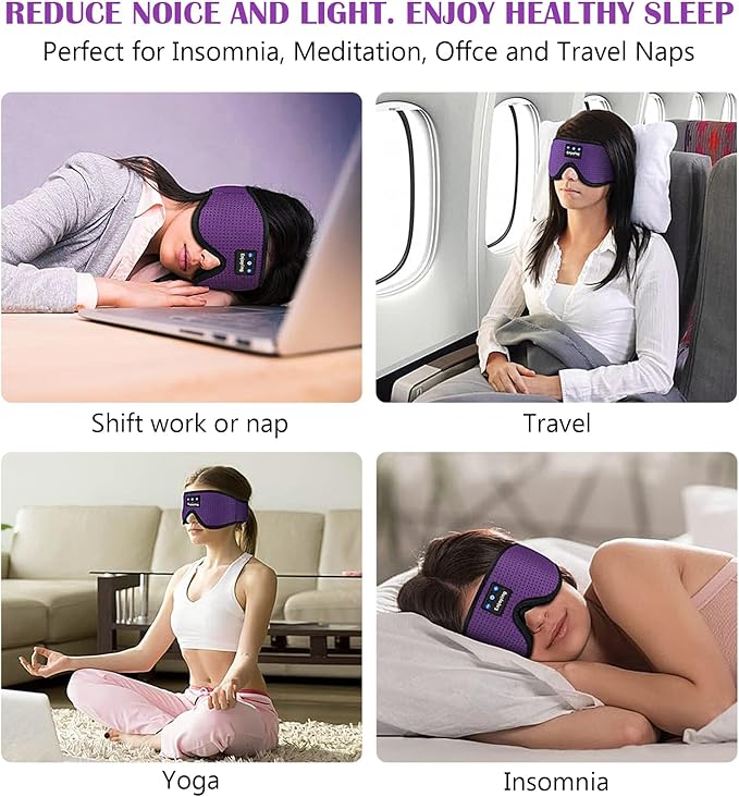 Sleep Headphones, Sleep Mask Bluetooth Wireless Music Eye Mask, Mask with Bluetooth Headphones Ultra-Thin Stereo Speakers Perfect for Sleeping (Purple) - Bloomnest