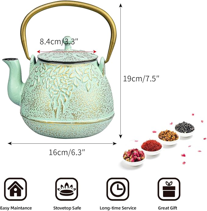 Sungmor Cast Iron Japanese Tetsubin Tea Kettle with Infuser - Stovetop Safe, Enameled Interior - 32 Ounce Light Green Teapot with Salix Leaf Pattern - Bloomnest