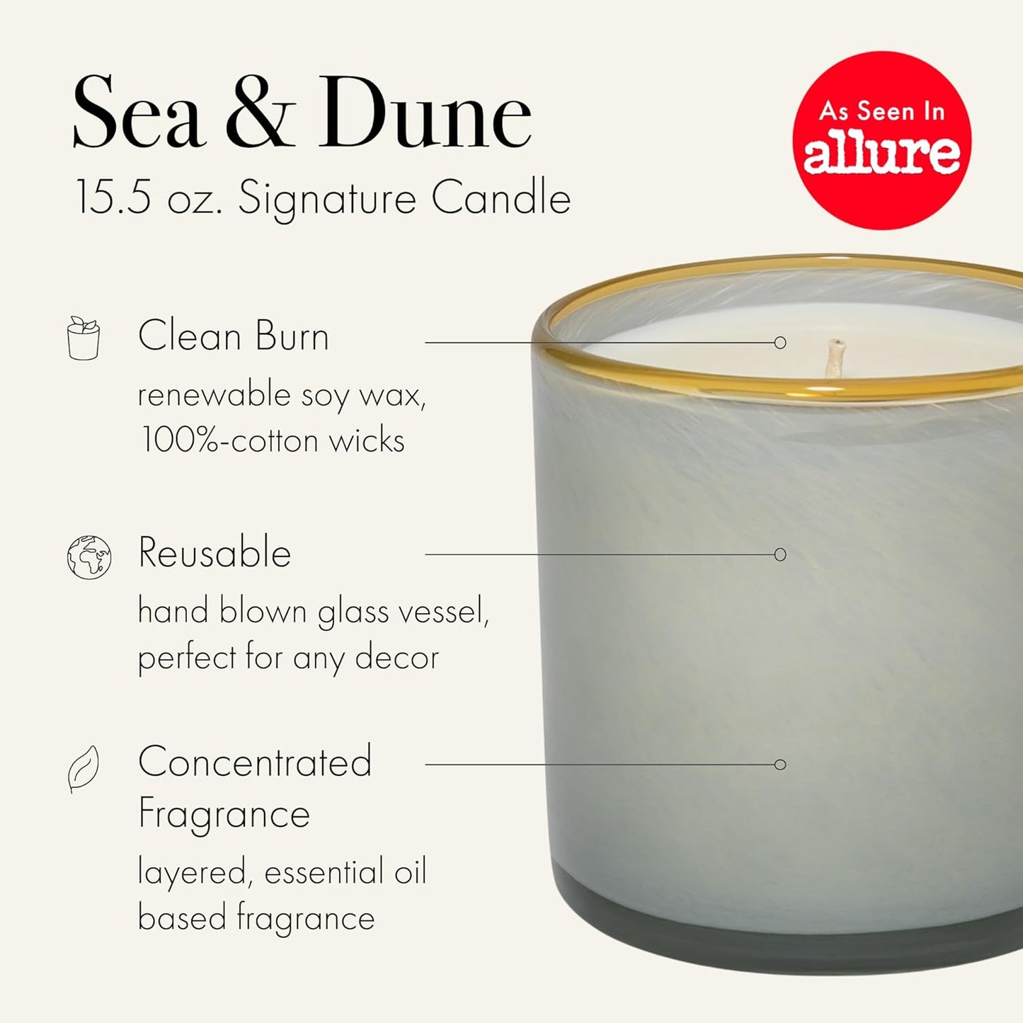 LAFCO New York Signature Candle, Sea & Dune - 15.5 oz - 90-Hour Burn Time - Reusable, Hand Blown Glass Vessel - Made in The USA