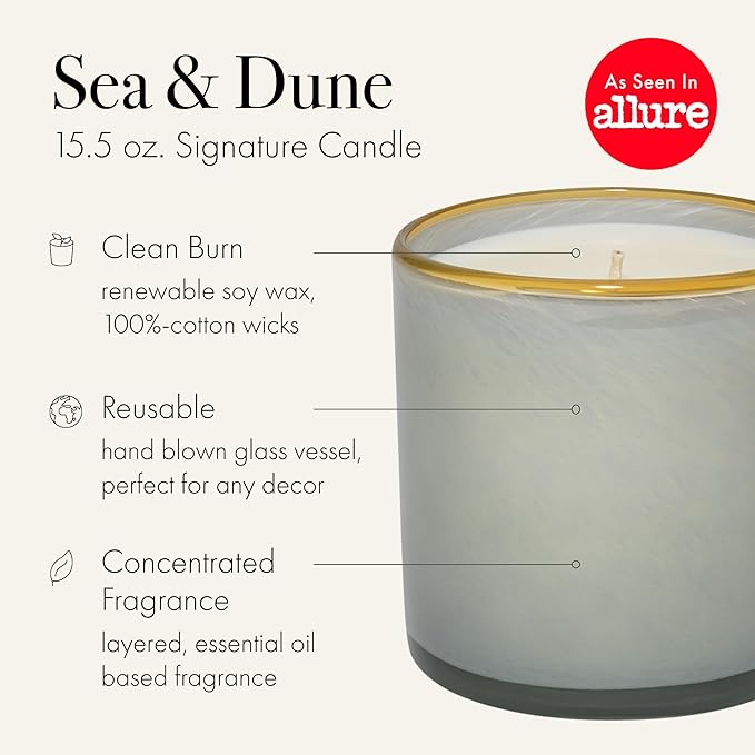 LAFCO New York Signature Candle, Sea & Dune - 15.5 oz - 90-Hour Burn Time - Reusable, Hand Blown Glass Vessel - Made in The USA - Bloomnest