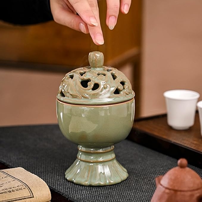 Ceramic Incense Burner with Lid,Boshan Incense Cone Holder for Coil Incense and Powder Incense,Mediation Gift,Home Decor (Green) - Bloomnest