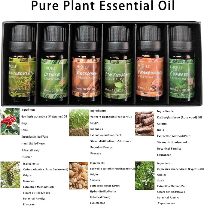 HIQILI Woodsy Fragrance Oil Set for Aromatherapy, Essential Oil Diffuser, Ideal for DIY Candles & Perfume Making, Massage Oil - Cedarwood, Frankincense, Vetiver, Rosewood, Cypress - 6x10ml - Bloomnest