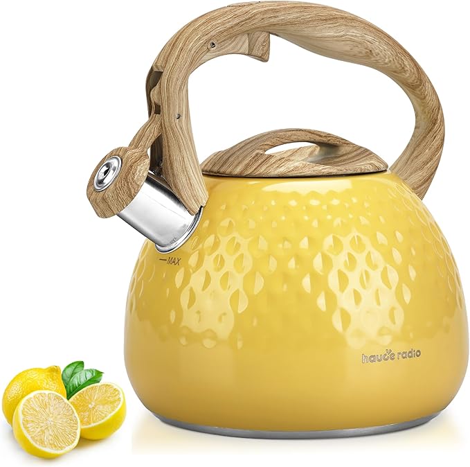 Tea Kettle, Stovetop Teapot, 2.5 Quart, Loud Whistle, Food Grade Stainless Steel and Smooth Wood Pattern Handle, Sophisticated Look for Hiking, Picnic, for Tea, Coffee, (Yellow) - Bloomnest