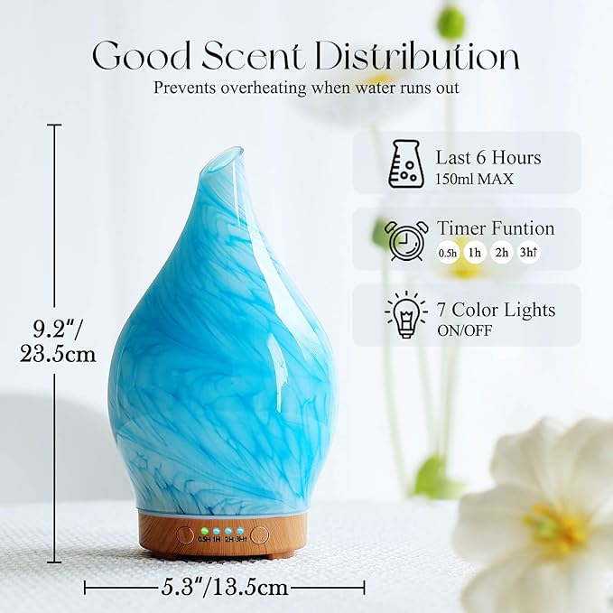 Porseme 150ml Essential Oil Diffuser Glass Color Changing Aroma Air Diffusers Aromatherapy Ultrasonic Cool Mist Humidifier 6 Running Hours Waterless Auto-Off for Sleeping Yoga Office Spa (Blue Wave) - Bloomnest