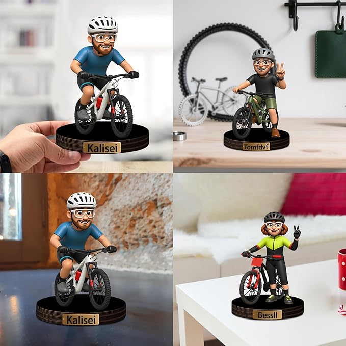 Custom Bicycle Cycling Biker Photo Cartoon Style Desk Decor with Wooden Base, Personalzied Cycling Biker Lover Cartoon Picture Portrait Sculpture Frame Acrylic Sign Plaque Gifts for Women Men - Bloomnest