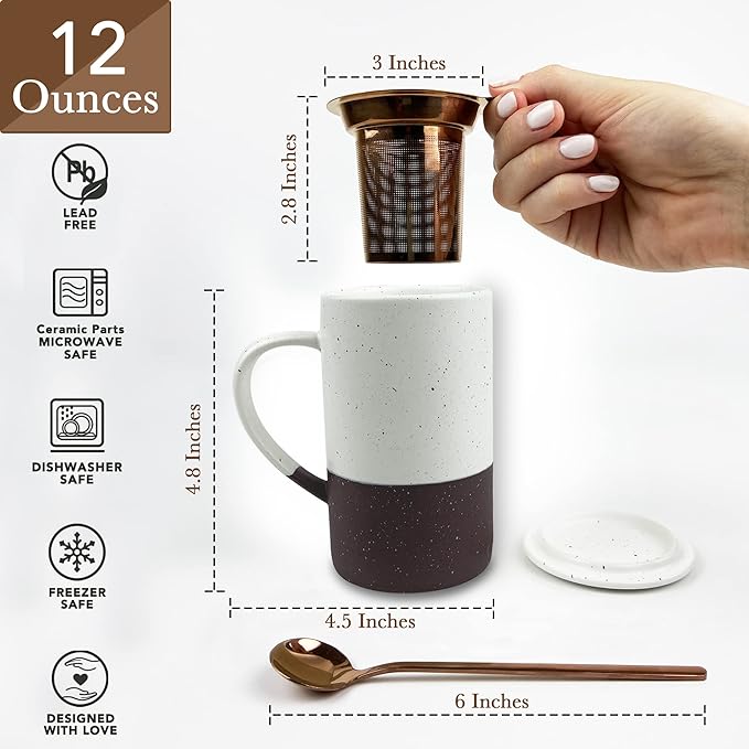 Mora Ceramics Tea Cup with Loose Leaf Infuser, Spoon and Lid, 12 oz, Microwave and Dishwasher Safe Coffee Mug - Rustic Matte Ceramic Glaze, Modern Herbal Tea Strainer - Great Gift for Women, Garnet - Bloomnest