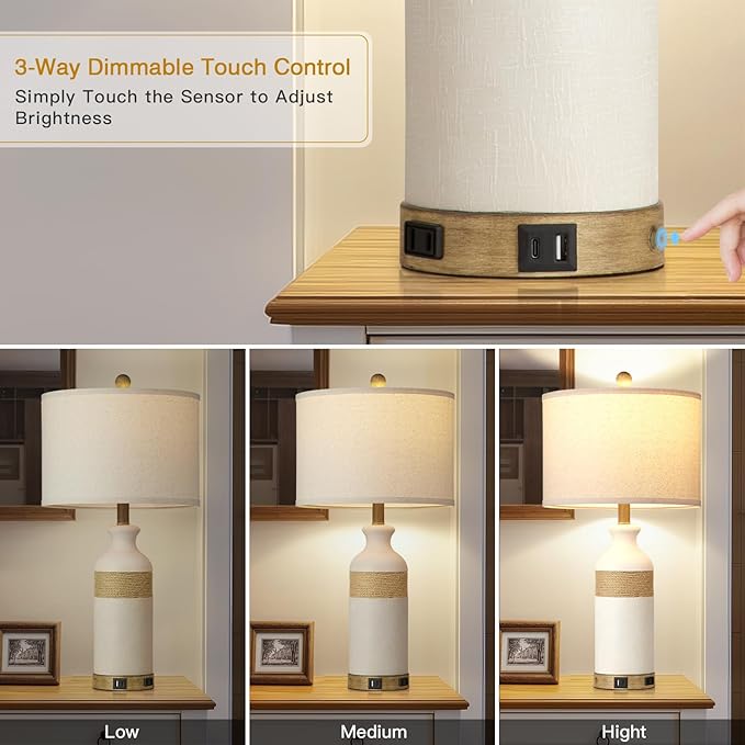 Boho Rattan Table Lamps for Bedroom Nightstand 26" Farmhouse Bedside lamp Set of 2 with USB C+A Ports & AC Outlet,3-Way Dimmable Touch Control Vintage Lamps for Living Room(Include Bulbs) - Bloomnest
