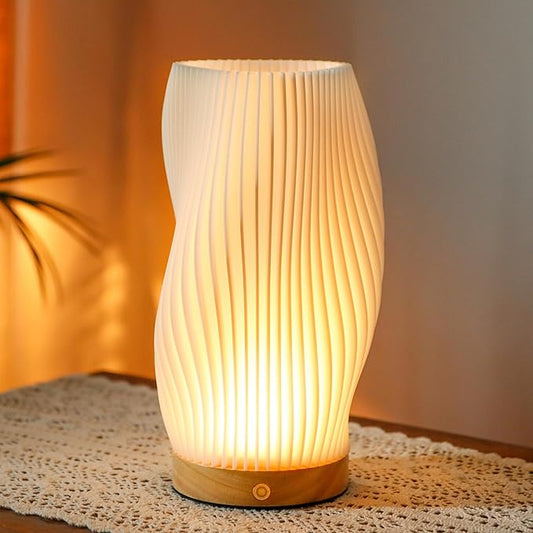 JHY DESIGN 3D Printed Touch Bedside Lamp 9" H Table Lamp 3-Color Light Source Dimmable Nightstand Lamp with Woodbase for Bedroom Living Room Indoors Outdoors(Spiral,Type-C Charging) - Bloomnest