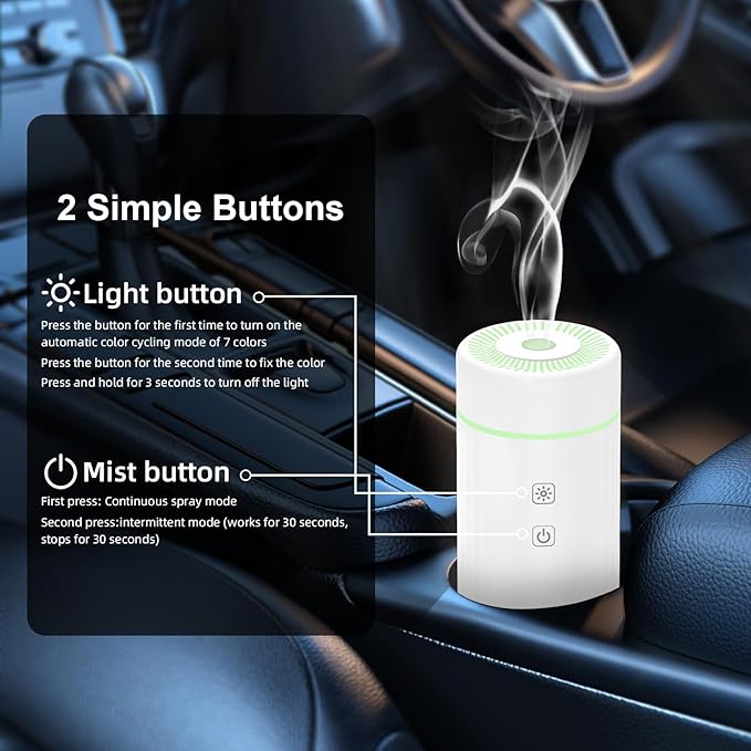 100ML Car Essential Oil Diffuser, Rechargeable Battery Powered, Cordless Portable Humidifier with 7 LED Color Changing Lights for Travel (White) - Bloomnest