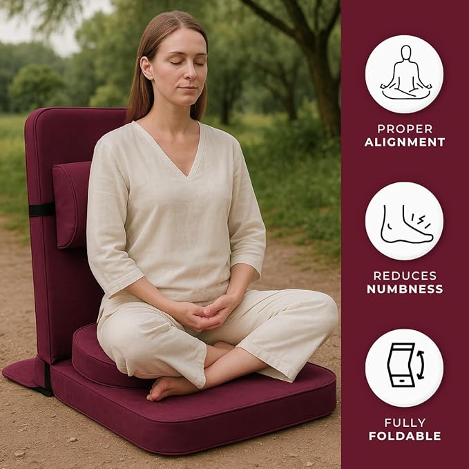 Friends of Meditation Relaxing Buddha Meditation Chair | Detachable Rectangular Back Support & Zafu Cushion | Portable Folding Chair | Floor Chair with Back Support | Yoga Chairs for Adults | Maroon - Bloomnest
