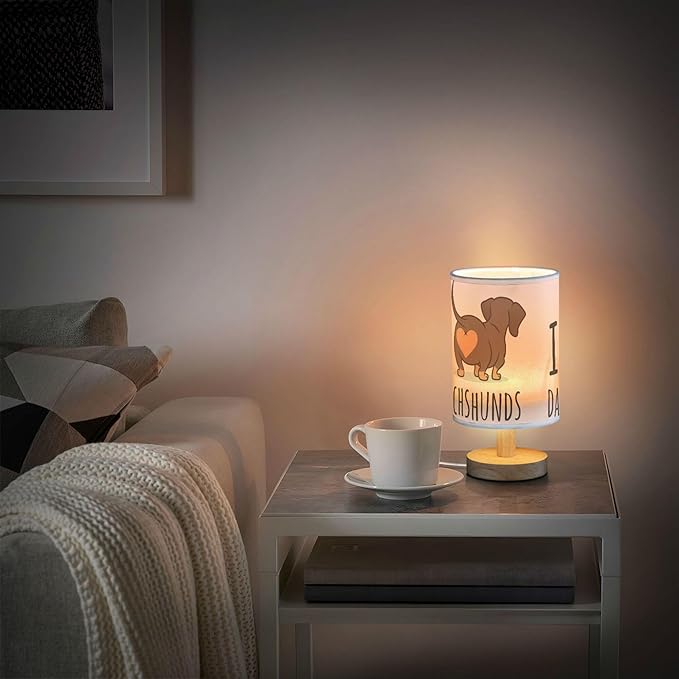 Table Lamp Cute Dachshund Dog I Love Dachshunds Heart Butt Nightstand Lamp with Wood Base Fabric Lamp Shade Bedside Desk Lamp for Living Room Bedroom Kids Room Office - Bloomnest