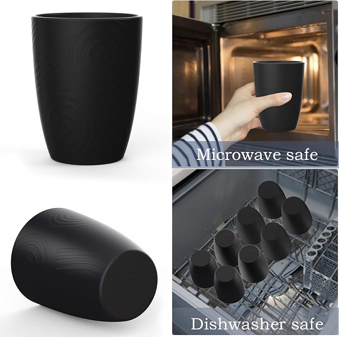 Wheat Straw Cups 8 PCS Good Alternative to Plastic Reusable Cups 12 oz Unbreakable Drinking Cup Reusable Dishwasher Safe Water Plastic Glasses Pure Black - Bloomnest
