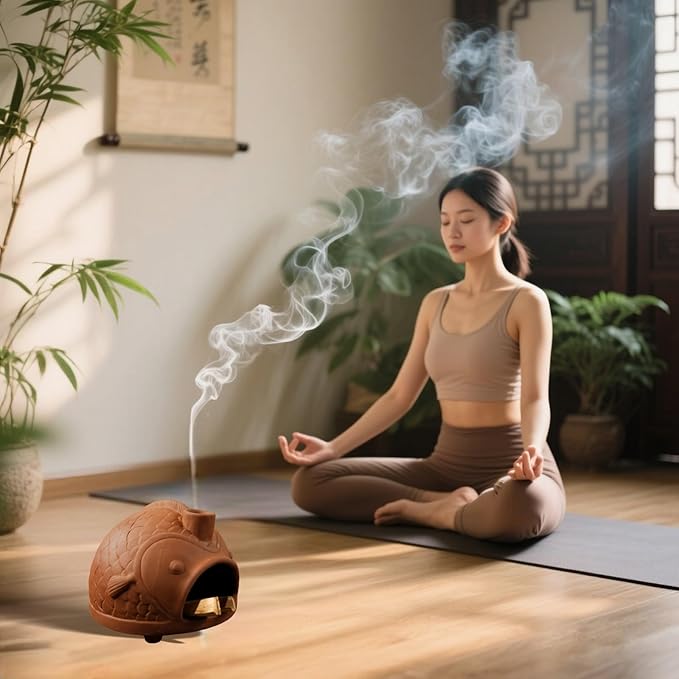 Large Fish-Shaped Terracotta Palo Santo Holder - Cone Burner for Sage,Chiminea Incense Dish with Chimney,Ideal for Meditation, Zen, Yoga, Spa & Wellness | Anxiety & Stress Relief Items MOUGIGI