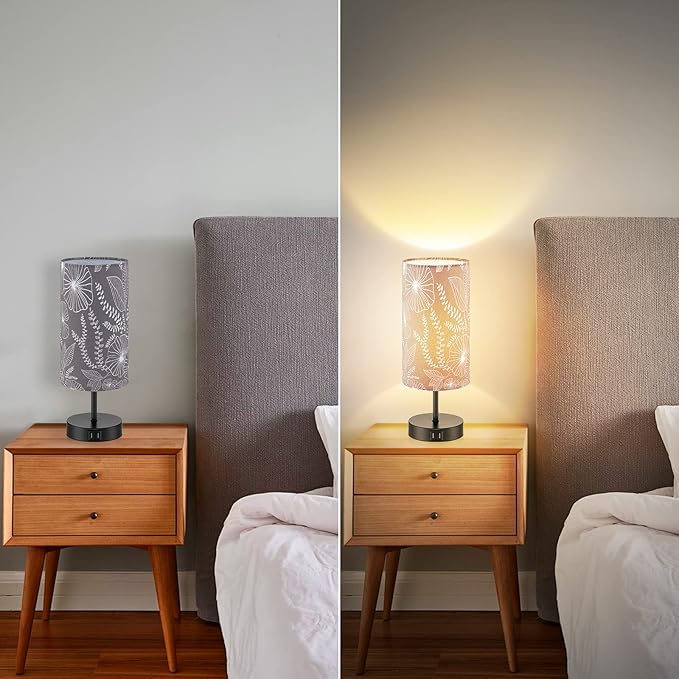 Touch Control Bedside Lamp with 2 USB Ports, 3-Way Dimmable Table lamp for Bedroom, Nightstand Lamp with Round Grey Fabric Shade for Living Room Home Office (E26 LED Bulb Included) - Bloomnest