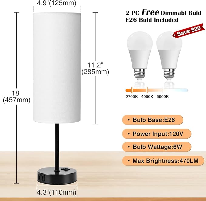 ZJOJO Table Lamp for Bedroom 2 Pack,18in Bedside Lamps with 3 Way Dimmable Rocker Switch & AC Outlet,Nightstand Desk Lamp with White Fabric Shade Black Basee for Living Room Home Decor Lights - Bloomnest
