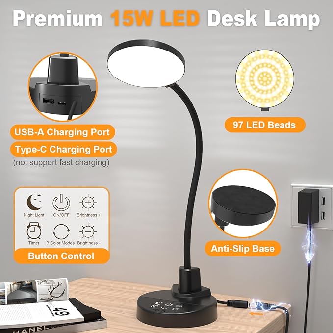 15W LED Desk Lamp with USB Charging Ports – Dimmable Table Lamp with 3 Color Temps, 5 Brightness, 4 Timers, Flexible Gooseneck Light with Base, Eye-Caring Reading Light for Home Office, Bedroom, Study - Bloomnest