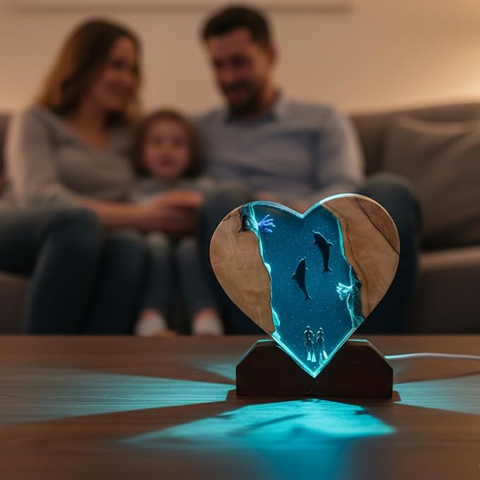 Handmade 3D Ocean Resin Lamp, Epoxy Ocean Night Light with Wooden Base, LED Color Changing Table Lamp, USB Powered Dragons Decor, Unique Ocean Gift for Bedroom & Home Office (Heart Shape) - Bloomnest