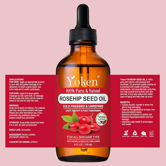 Rosehip Seed Oil For Face,100% Pure Rosehip oils For Skin,Scars,Hair & Nails.4 fl Oz Cold Pressed Rose Hips Oil For Skin Care, Anti-Aging, Scar Treatment, GUA SHA Massage DIY (4 Fl Oz) - Bloomnest