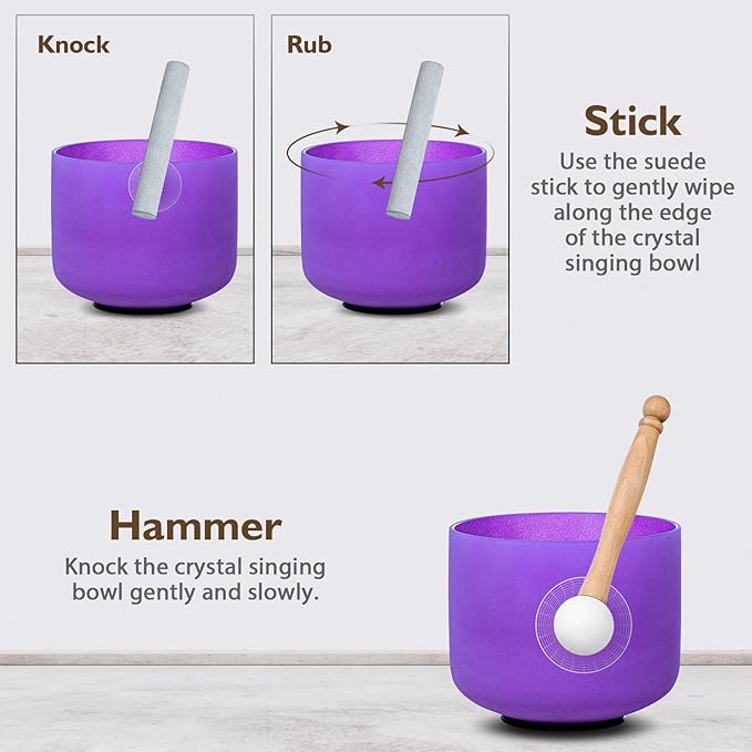 8 Inch Purple B Note 432hz Crown Chakra Crystal Singing Bowl Healing with Carrying Case and Rubber Mallet Suede Strikers Oring - Bloomnest
