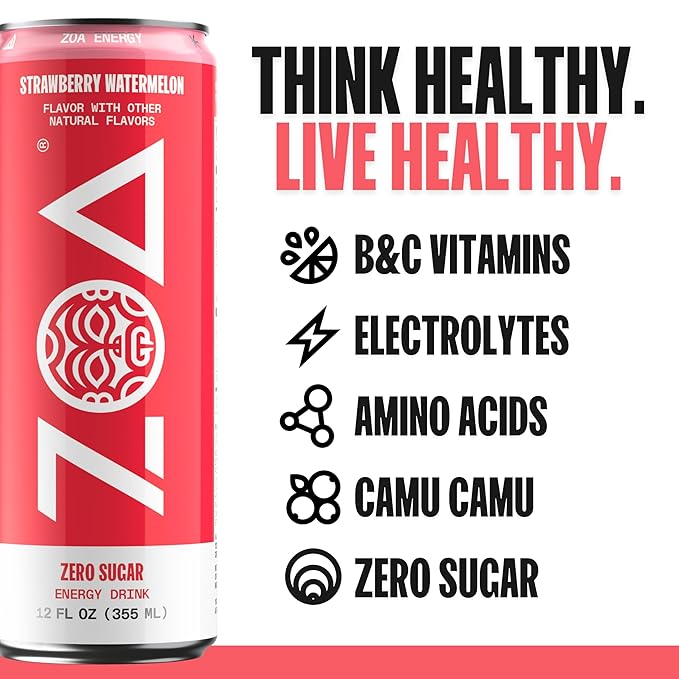 ZOA Zero Sugar Energy Drinks, Strawberry Watermelon - Sugar Free with Electrolytes, Healthy Vitamin C, Amino Acids, Essential B-Vitamins, and Caffeine from Green Tea - 12 Fl Oz (12-Pack) - Bloomnest