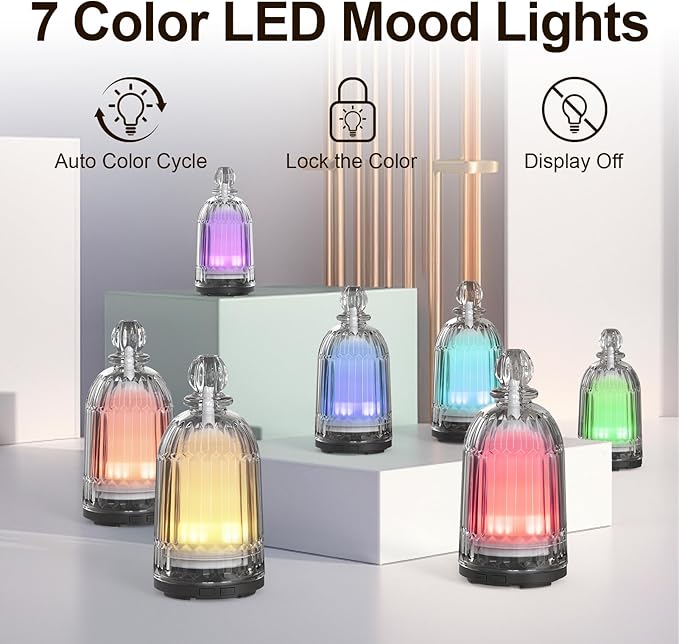 Glass Essential Oil Diffuser, Ultrasonic Aroma Diffuser Glass Cover & Plastic Reservoir with 7 LED Color Changing Light, Auto Shut-Off for Home Office Spa, 120ml(Black Base) DOUDING