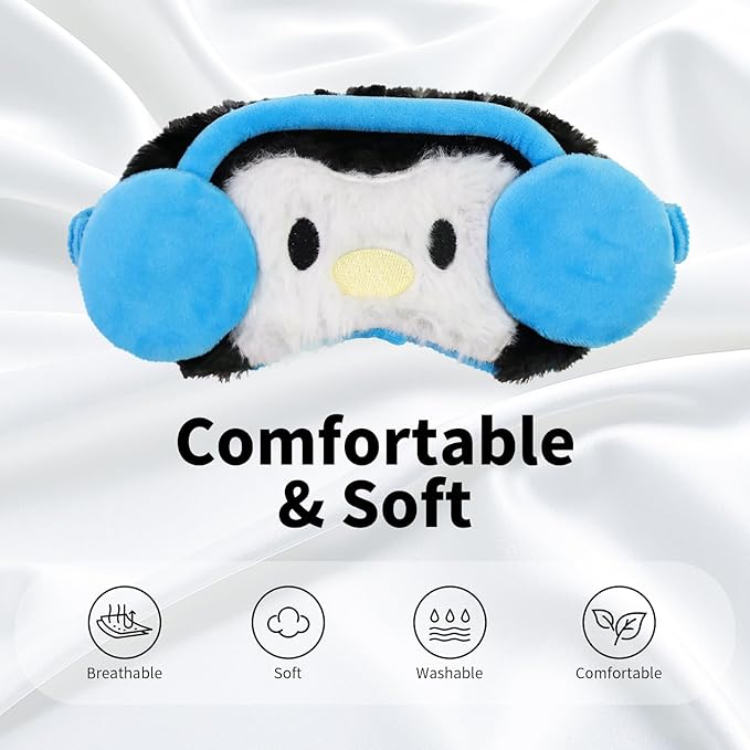 Cute Sleep Eye Masks for Kids, Kawaii Cartoon Kids Sleeping Mask for Women Boys Girls Teens, Soft Plush Adjustable Eyeshade Silk Travel Nap Eye Cover (Black+Pink Headphone) - Bloomnest