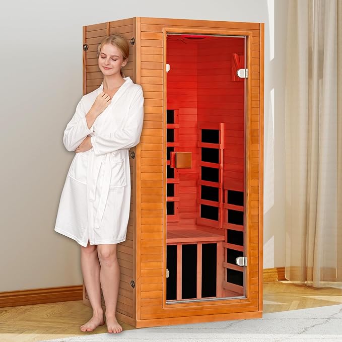 springspa Infrared Sauna for Home, 1 Person Home Sauna with Red Light Therapy, Canadian Hemlock Wooden Dry Saunas Room with Bluetooth Speakers, 1178 W/120V, 15 Minutes Pre-Warm up springspa