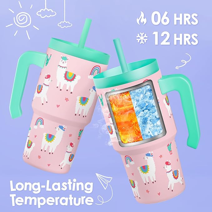Llama Tumbler 20oz with Handle and Silicone Straw Lid for Kid, Insulated Stainless Steel Cup, Gift for Kids Girls, Gifts Idea for Birthday Christmas Back to School - Bloomnest