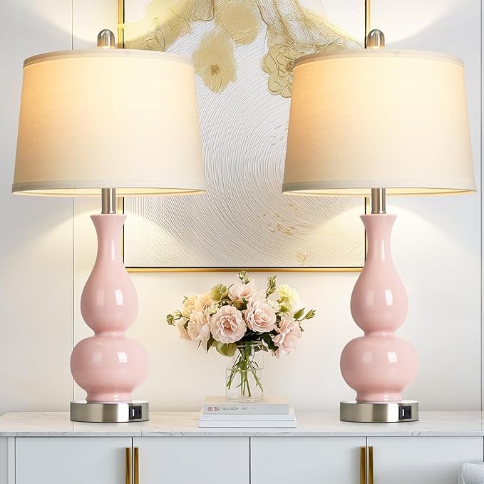 27" Pink Double Gourd Ceramic Lamps for Bedroom, Modern Ceramic Living Room Lamp with USB A+C Ports, Cute Bedside Table Lamps Set of 2, Tall Lamp for Night Stand Side End Table Home Decor - Bloomnest