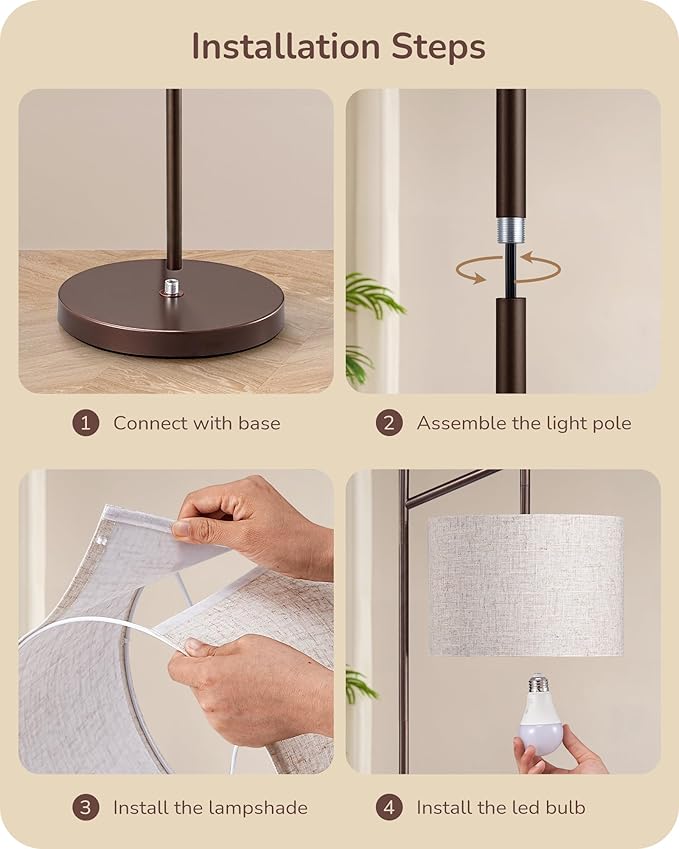 EDISHINE 64.7" Modern Minimalist Floor Lamps for Living Room with 3 Color Temperatures Bulb & Adjustable Linen Shade, Foot Pedal Switch, Tall Standing Lamp for Bedroom Office, Brown - Bloomnest