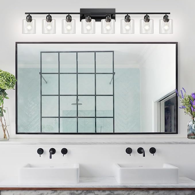 Modern 8 Light 52 inch Vanity Lights for Bathroom with Clear Glass, Black Bathroom Light Fixture for Mirror Kitchen Living Room Hallway Cabinet Porch - Bloomnest