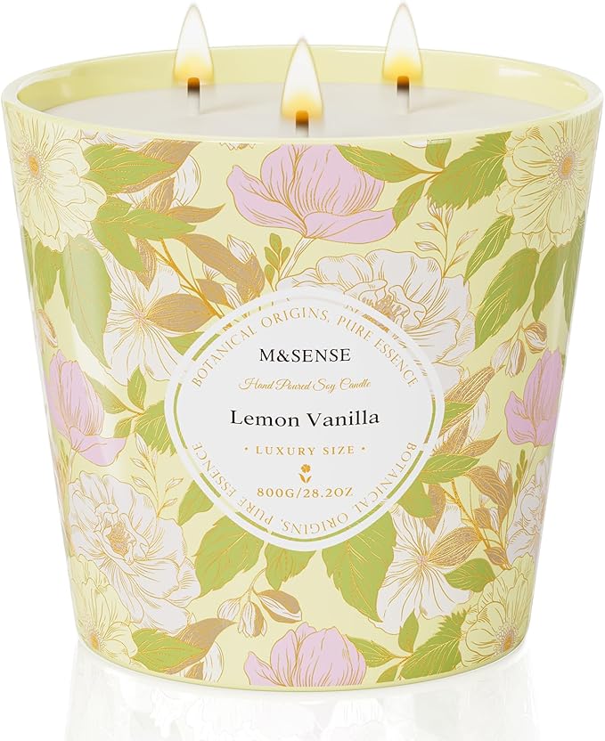 M&SENSE Lemon Vanilla Scented Candle, 28.2oz 3 Wick Natural Soy Wax Large Candles, Long Lasting Clean Slow Burning No Toxic Décor for Home Relaxation, Romantic Dates & Gift-Giving - Bloomnest