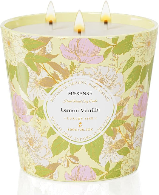 M&SENSE Lemon Vanilla Scented Candle, 28.2oz 3 Wick Natural Soy Wax Large Candles, Long Lasting Clean Slow Burning No Toxic Décor for Home Relaxation, Romantic Dates & Gift-Giving - Bloomnest