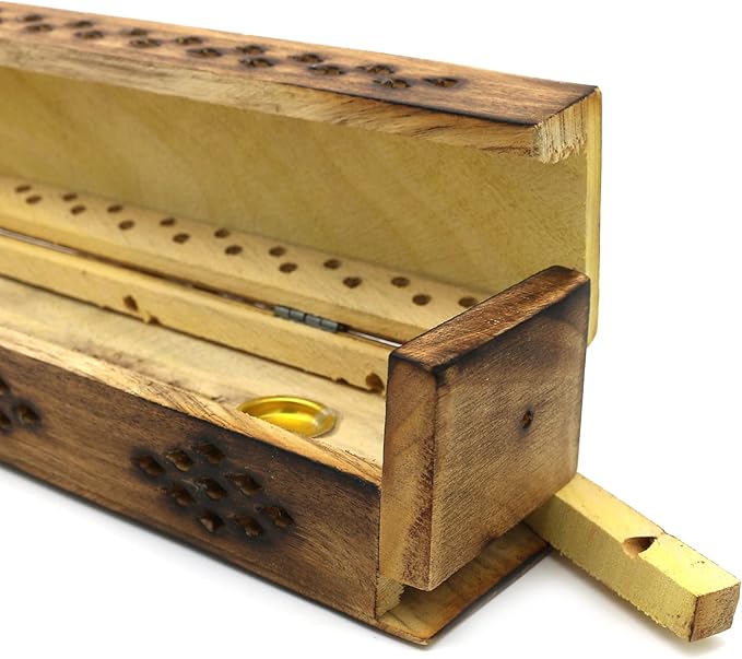 SOUL STICKS Handmade Carved Incense Burner Wooden Coffin Box with Storage Includes Go Away Evil Incense Sticks (Yellow Hamsa Hand) - Bloomnest