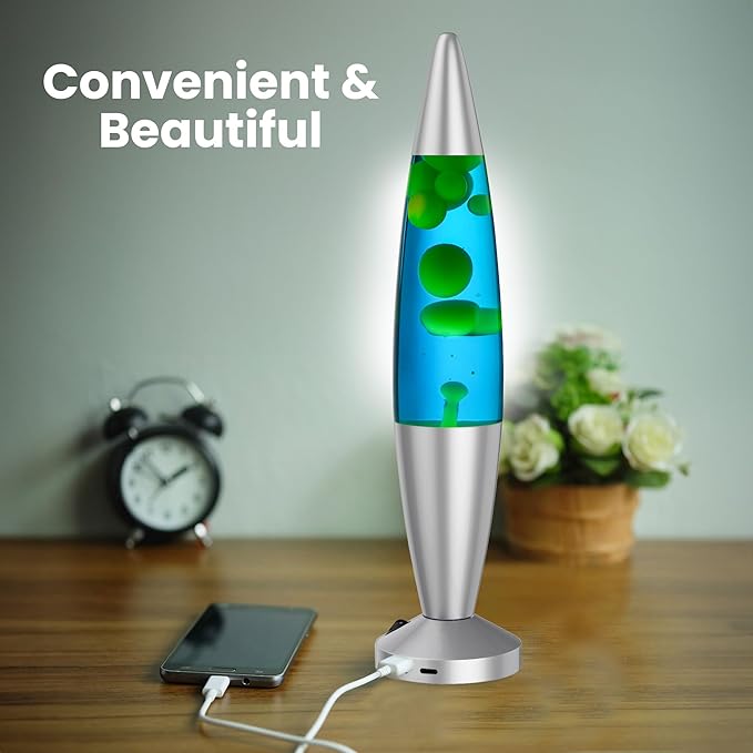 JAMBO 16-Inch Beautiful Lamp with Wax, Relaxing Night Light Home Decor, Extra Tall, Living Room Office Bedroom Lamp for Adults, Teens, Kids (USB, Auto Shut Off, Silver Base, Blue Liquid, Yellow Wax) - Bloomnest