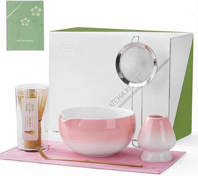 ZENS Pink Matcha Set, 6pcs Matcha Kit Includes Ceramic Bowl, Handcrafted Bamboo Whisk and Chasen Holder, Scoop, 304 Sifter & Tea Mat, Matcha Whisk Set Gift for Matcha Lovers - Bloomnest