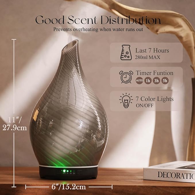 Porseme 280ml Essential Oil Diffuser Glass Color Changing Aroma Air Diffusers Aromatherapy Ultrasonic Cool Mist Humidifier 7 Running Hours Waterless Auto-Off for Sleeping, Yoga, Office (Pure Grey) Porseme