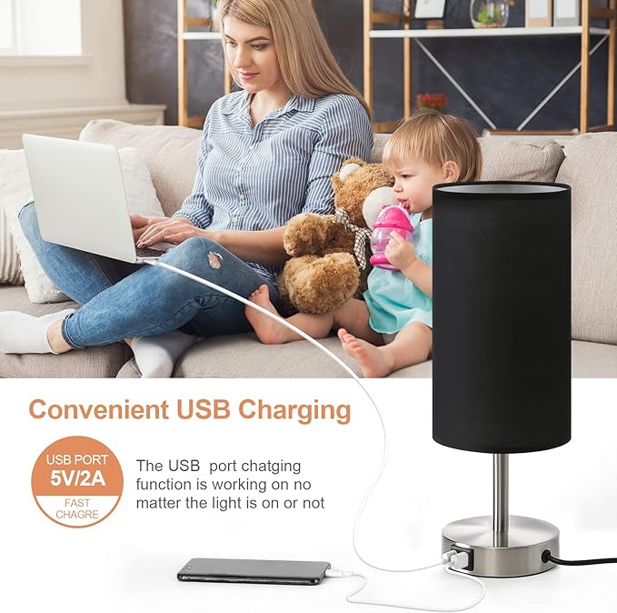 Bedside Lamp with USB Port - Touch Control Table Lamp for Bedroom Wood 3 Way Dimmable Nightstand Lamp with Round Black Shade for Living Room, Dorm, Home Office (LED Bulb Included) (Blacl2) - Bloomnest