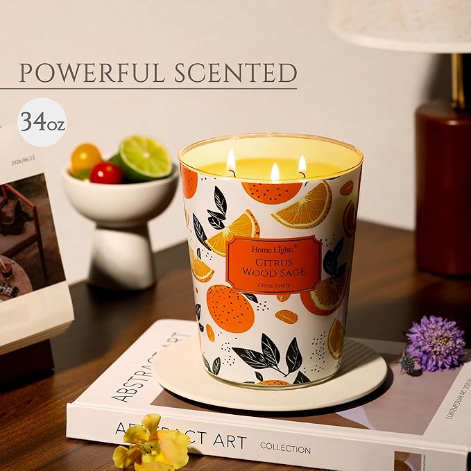 HomeLights Citrus Wood Sage Scented Candles | 34oz Soy Candles Eclectic Mixed Styles 3-Wick Large Candle Jars | Ideal Candle Gifts for Events, Home Decor Stress, Relief & Relaxation - Bloomnest