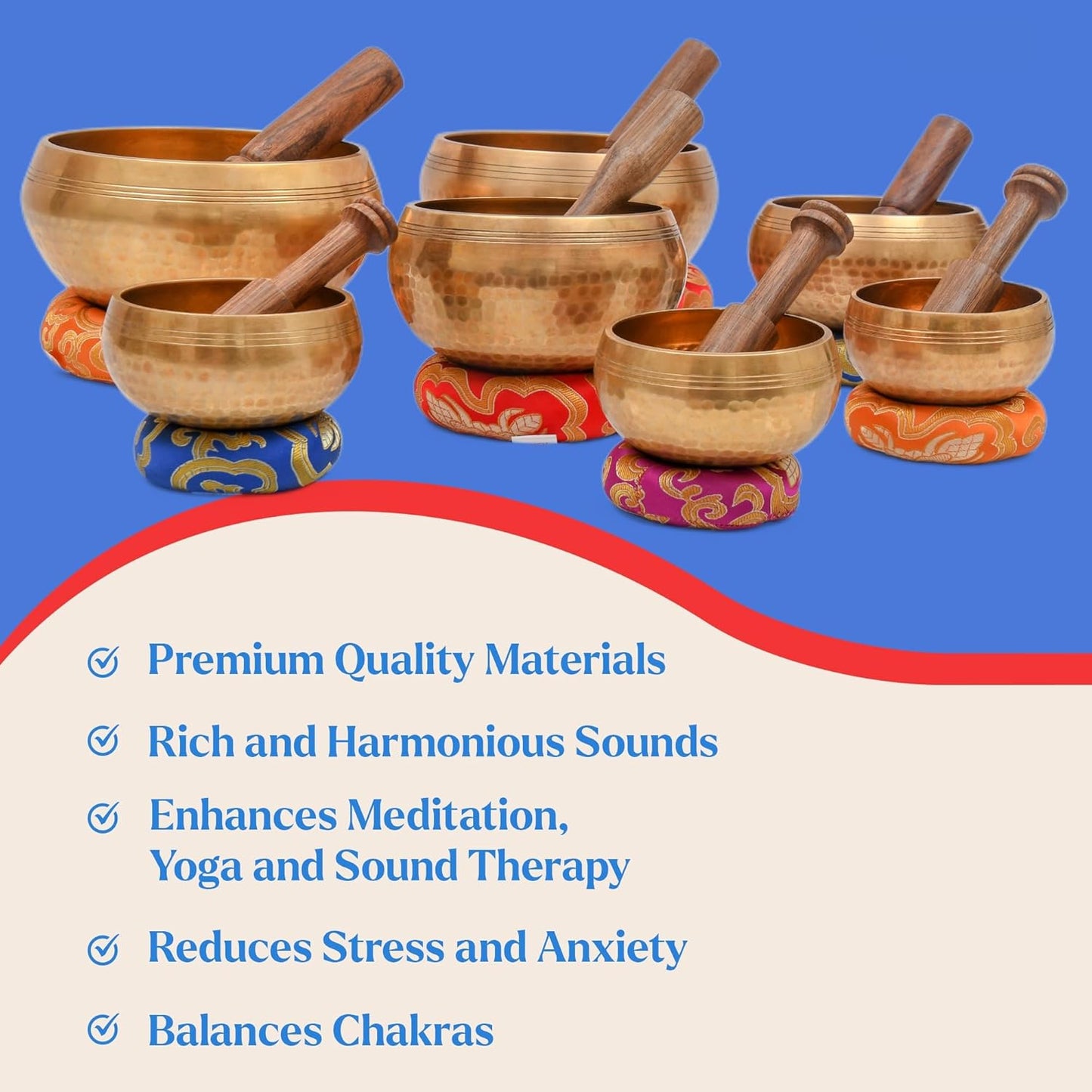 Tibetan Singing Bowl Set - Authentic Cuencos Tibetanos for Sound Healing, Meditation & Chakra Balancing - Includes Cushion, Mallet-Unique Spiritual Gifts for Women and Men (7 Chakra Hand Hammered Set)