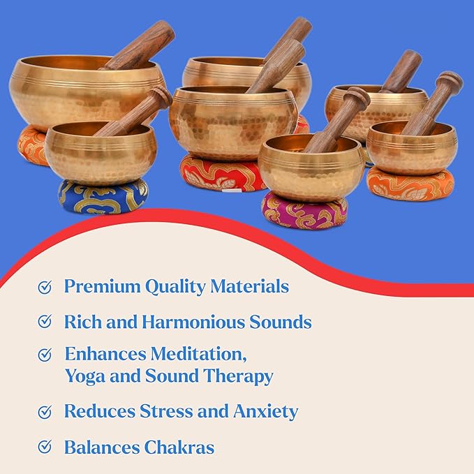 Tibetan Singing Bowl Set-Authentic Cuencos Tibetanos for Sound Healing, Meditation & Chakra Balancing - Includes Cushion, Mallet-Unique Spiritual Gifts for Women and Men (7 Chakra Bowl Set) LNYSI