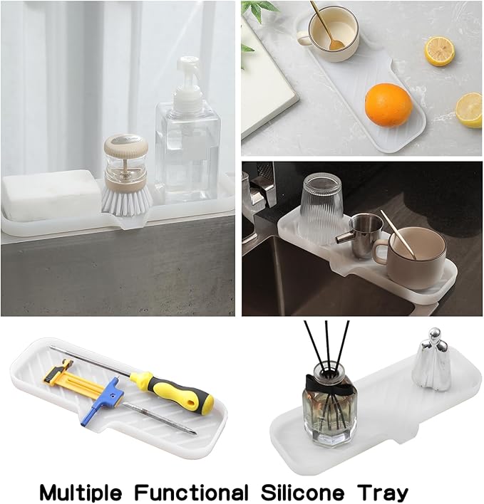 Silicone Bathroom Soap Dishes with Drain Spout-Bathroom and Kitchen Sink Organizer,Sponge Holder,Dish Soap Tray,Perfect for Dispenser,Scrubber,Bottle,Cup on Sink or Counter-Translucent 12"×4" - Bloomnest