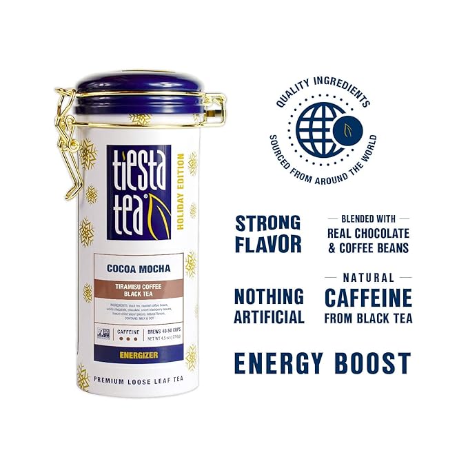 Tiesta Tea - Cocoa Mocha, Loose Leaf, Tiramisu Coffee Black Tea, Premium Blend, High Caffeinated Holiday, Make Hot or Iced, Brews Up to 50 Cups, 4.5 Ounce Refillable Tin - Bloomnest