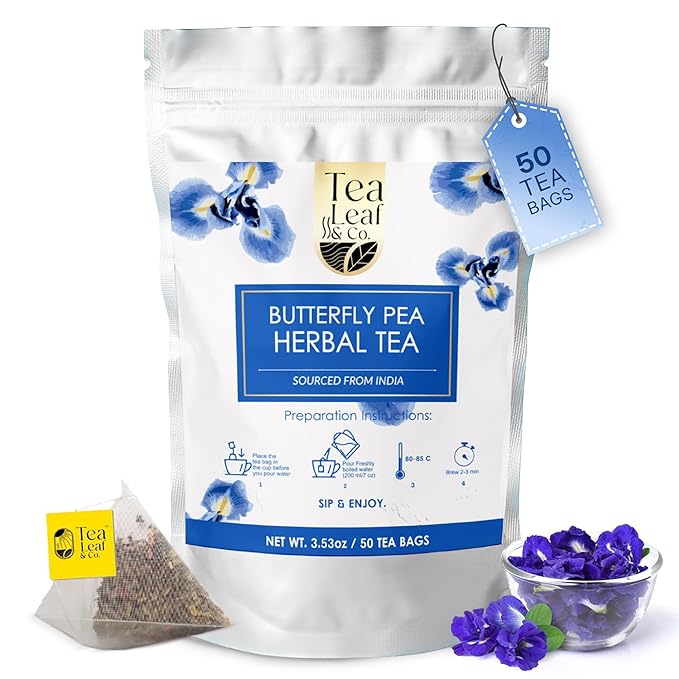 Tealeaf & Co. Butterfly Pea Herbal Tea Bags Blended with Fresh Herbs - Herbal Tea with Butterfly Pea Flower - Contains Low Caffeine - Gluten Free - 50Teabags (3.52oz/100gm) - Bloomnest