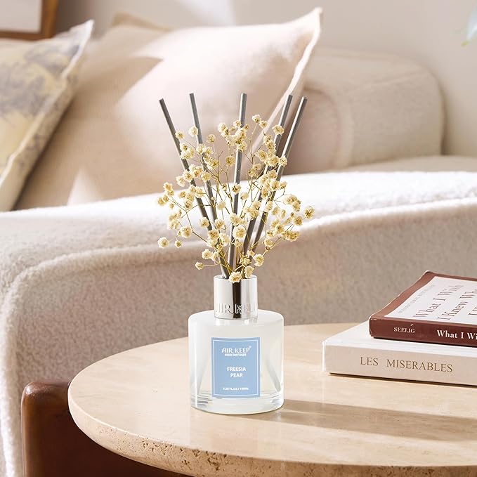 Airkeep Reed Diffuser Set,3.38 fl oz (100 ml) - Freesia Pear Oil Diffusers with 8 Reed Sticks, Home Fragrance Reed Diffuser for Bathroom Shelf Decor - Bloomnest