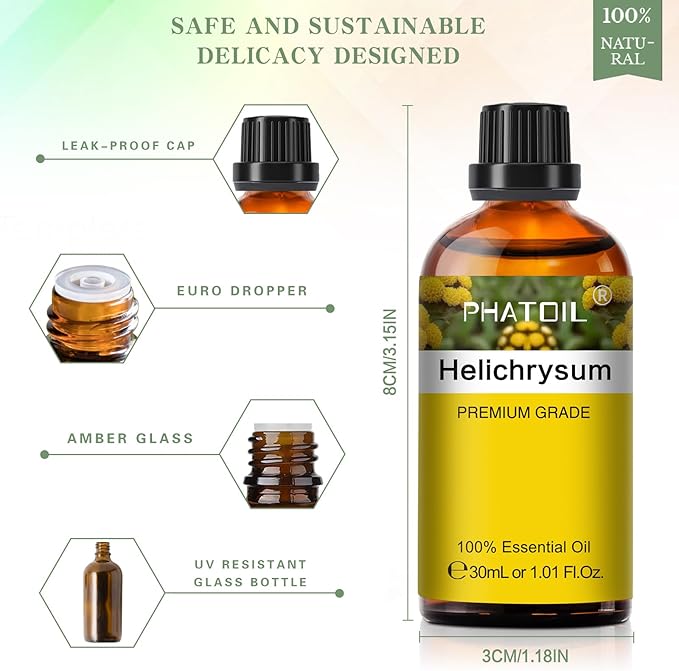 Helichrysum 1.01fl.oz Essential Oil, PHATOIL Pure Aromatherapy Oils for Diffuser, Humidifier, Perfect for DIY Soap, Candle, Bath Bombs Making(30ml) PHATOIL